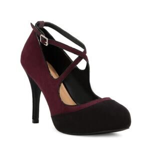 JUSTFAB Plum Black Color Block PHILPA Criss Cross Strap Stiletto Heel Pumps 10M